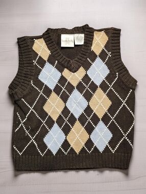 KOALA KIDS Brown Argyle V-Neck Sweater Vest with Blue & Tan Diamonds.Size 12mths
